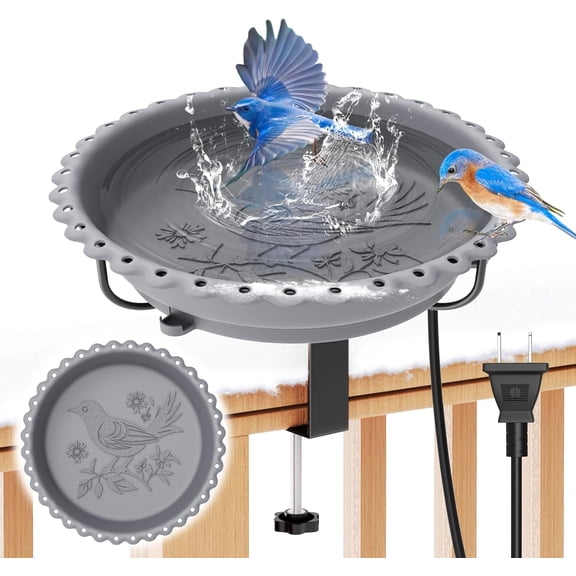 Heated Bird Baths for Outdoors, Upgraded 100W Thermostatically Controlled Heated Bird Bath for Deck Railing Large Capacity Heated Birdbath for Outside Winter Garden Yard Patio Lawn (Grey)
