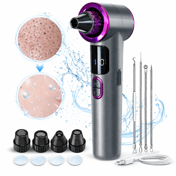 Heated Blackhead Remover Vacuum, Pore Vacuum Cleaner with 3 Suction Levels, LED Display & USB Rechargeable Design, Facial Pore Cleaner Kit with 5 Suction Heads and Stainless Extraction Tools for Home