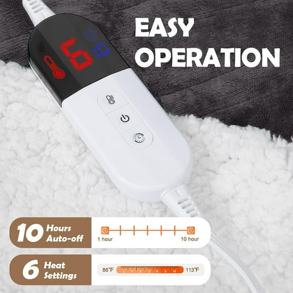 Heated Blanket 62" x 84", Electric Blanket Twin Size with 10 Time Settings & 6 Heating Levels, Over-Heat Protection, Flannel Sherpa Super Cozy with ETL Certification, Gray