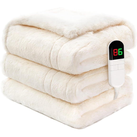 Heated Blanket 84"×90",Ultra Cosy Soft Electric Blanket with 8 Heating Levels,Dual Control Plush Fast Heating Faux Rabbit Fur for Bed & Couch - Auto Shut Off,Machine Washable(Beige)