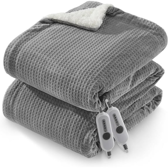 GARVEE Electric Blanket Queen Size with Dual Control,90"x84" Soft Flannel Waffle Heated Blankets,4 Heating Levels & 10 Hours Auto Off,Grey