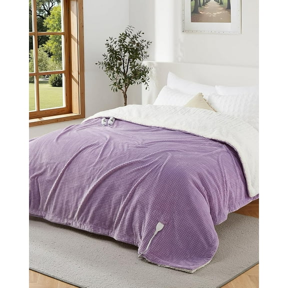 GARVEE Electric Blanket King Size with Dual Control,90"x100" Soft Flannel Waffle Heated Blankets,4 Heating Levels & 10 Hours Auto Off,Purple