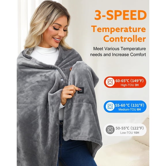 Heated Blanket with Portable Battery-6 Zone Heating Blanket 55'' x 35'', Rechargeable USB Wireless Heated Blanket for Camping, Washable (Gray)