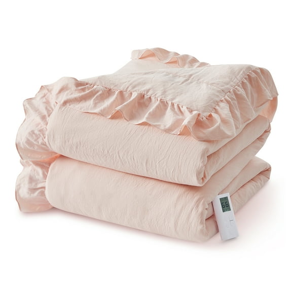 Heated Blanket, Electric Comforter King Size Fast Heating - 6 Heat Levels, Timer, Wireless LCD Controller, Overheat Protection, Pink Ruffled Cover, 90x104 Inches