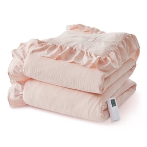 Heated Blanket, Electric Comforter Queen Size Fast Heating - 6 Heat Levels, Timer, Wireless LCD Controller, Overheat Protection, Pink Ruffled Cover, 90x90 Inches