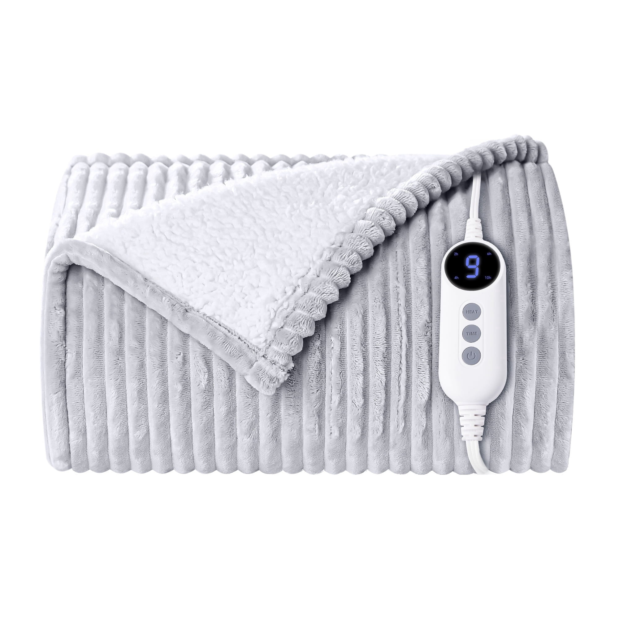 Vccoem Electric Heated Blanket Full 72"x84", 9 Heat Levels & 2 to 10 Hours Auto Shut-Off, Over-Heat Protection, Soft Ribbed Flannel to Sherpa, Machine Washable, Light Gray