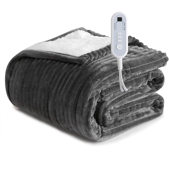 Heated Blanket Electric Grey Throw - 50"x60" Heating Blanket Throw 1/2/4/6/8 Hours Auto-Off 8 Heat Level Over-Heat Protection Ribbed Flannel Sherpa Electric ETL Certification