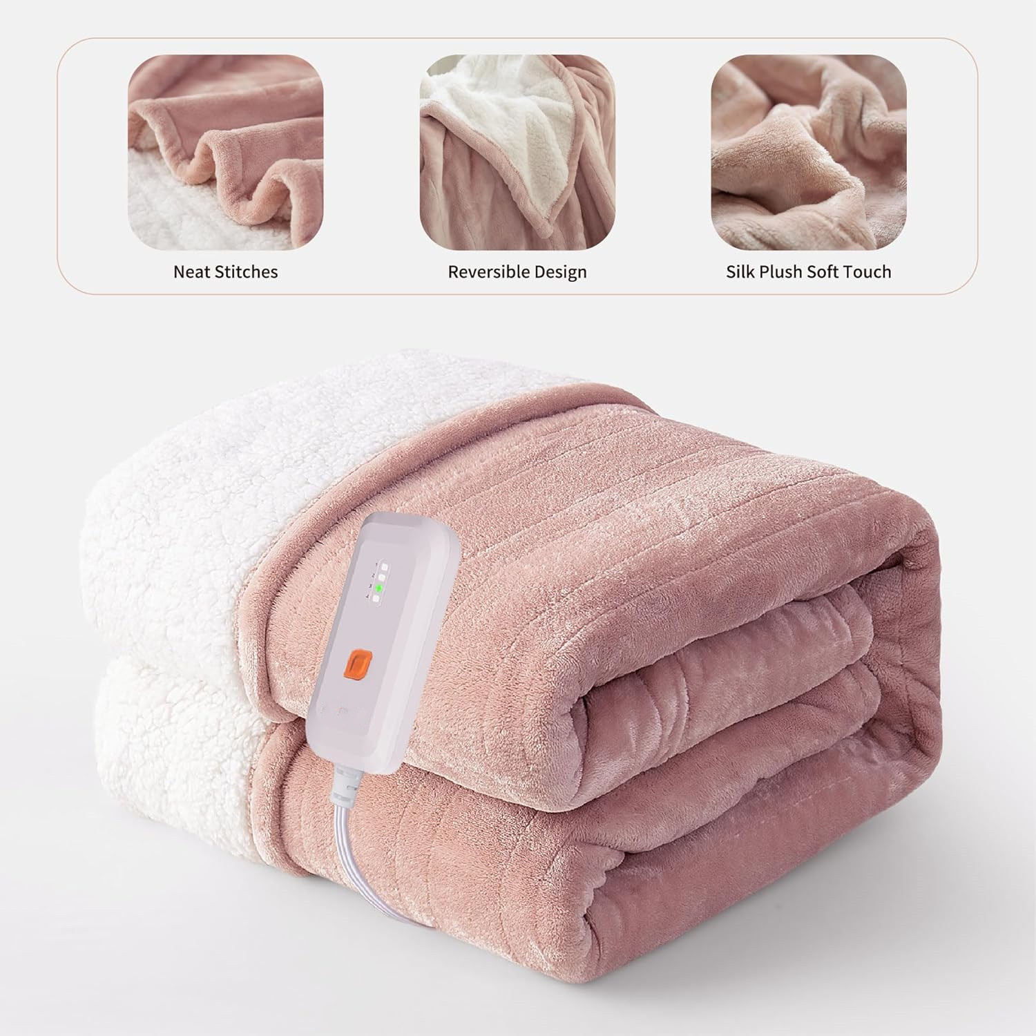 Heated Blanket Electric Throw 50''X60''- Soft Silky P Electric Blanket with 4 Heating Level & 3 Hour Auto Off Heating Blanket, Machine Washable (Rose Dust)