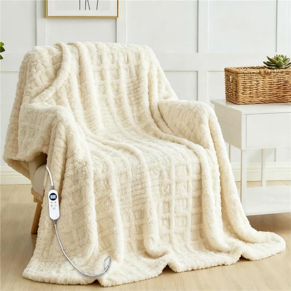 Heated Blanket Electric Throw, 50"X60" Waffle Heating Blanket with 12 Heat Levels, Fast Heating Blanket with 1-12 Timer Settings, Overheat Protection with ETL & FCC for Office Sofa (Milky White)