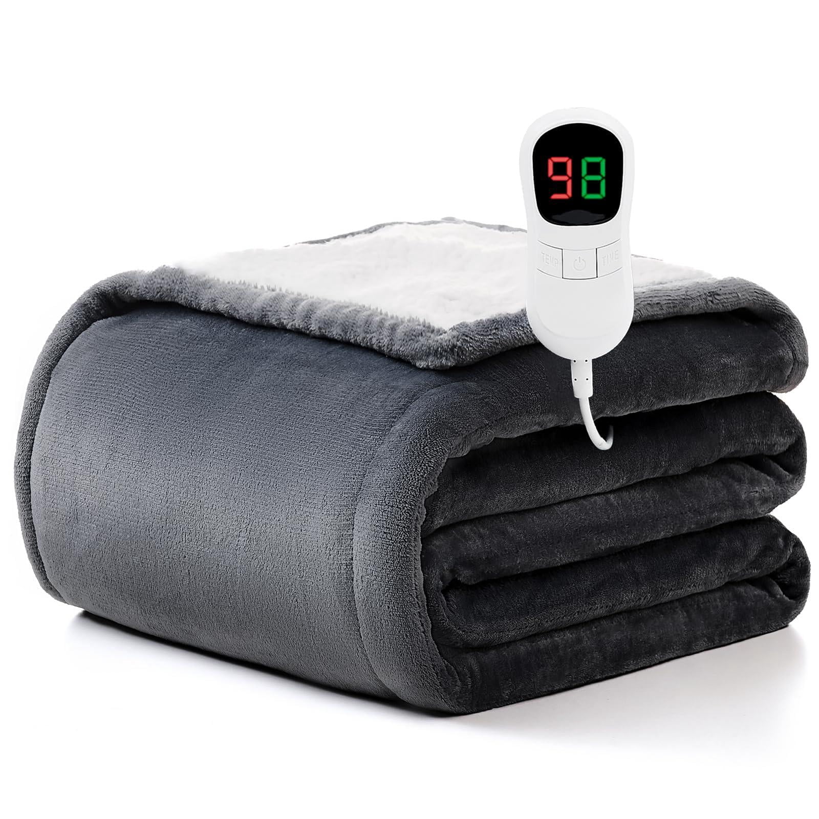 Heated Blanket Electric Throw - 50"x60" Heating 1/2/4/6/8 Hours Auto-off 10 Heat Level Over-heat Protection Flannel Sherpa Etl Certification