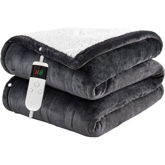 Heated Blanket Electric Throw, 50"x60" Soft Flannel Heating Blanket with 8 Hours Auto Off 10 Fast Heating Levels Machine Washable Sherpa Heated Throw Blanket with Overheating Protection Gray