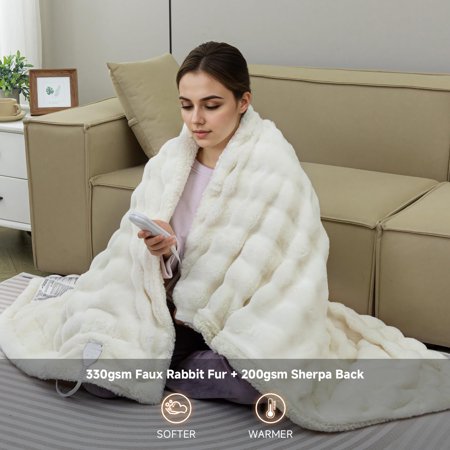 Heated Blanket Electric Throw- 50"x60" Soft Thick Faux Fur Electric Blanket for Sofa with 5 Heat Levels & 4 Hours Auto-Off Overheat Protection, Warm Cozy Gifts, Cream