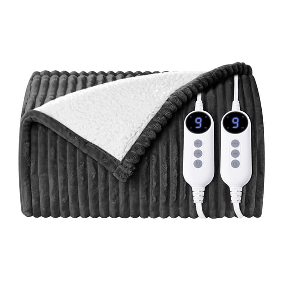 Vccoem Electric Heated Blanket Throw 84"x90",Dual Control 9 Heat Levels & 2 to 10 Hours Auto Shut-Off, Over-Heat Protection, Soft Ribbed Flannel to Sherpa, Machine Washable,Dark Gray