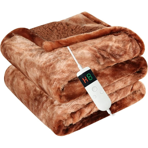 Heated Blanket Electric Throw, Heating Blanket Soft Sherpa Flannel Throw, Heat Blankets for Home & Office Machine Washable Overheating Protection 8 Hours Auto Off 10 Fast Heating Levels- -Brown