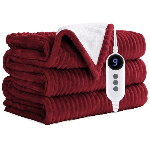Vccoem Heated Blanket, 62"x84" Electric Blanket W/ 9 Heating Level & 2-10 H Auto-off Overheat Protection, Machine Washable Flannel & Sherpa, Twin, Red