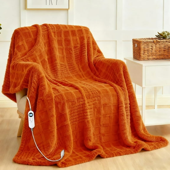 Heated Blanket ElectricThrow, Waffle Heating Blanket with 12 Heat Levels, Fast Heating Blanket with 1-12 Timer Settings, Overheat Protection with ETL & FCC for Home Office (Orange, Singe(50"x60"))