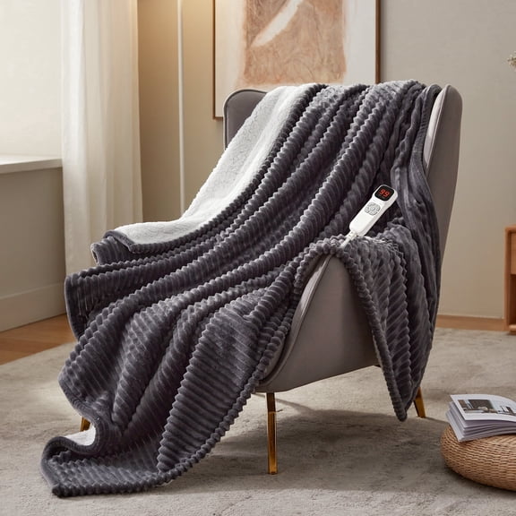 BEARKISS Heated Blanket Electric Throw Size 50"x60", ETL Certified 250g Flannel & 200g Sherpa, 9 Heat Levels 1-10H Timer, Dark Grey