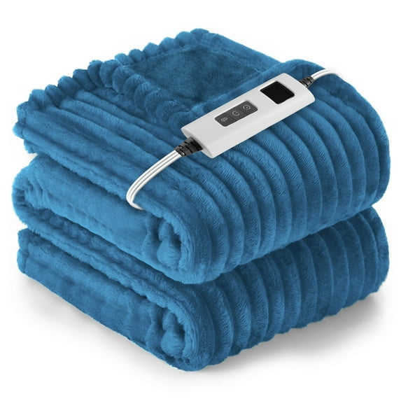 Heated Blanket Electric Full Striped Flannel Blanket 72"x84" Electric Blanket with 6 Heat Settings 10 Hour Timer Auto Shut Off, Blue
