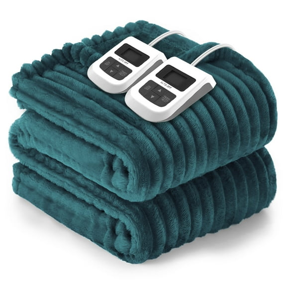Heated Blanket Electric King Striped Flannel Blanket 90"x100" Electric Blanket with 6 Heat Settings 10 Hour Timer Auto Shut Off, Teal