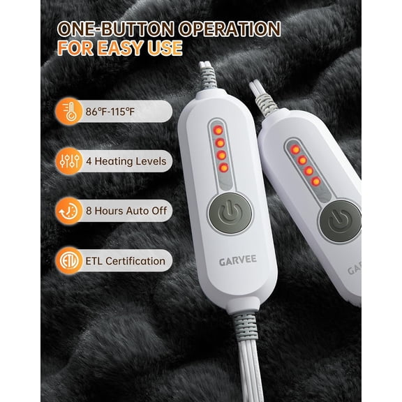 Heated Blanket Queen, Dual Control Faux Fur Electric Blanket with 4 Heat Settings, Soft Bubble Blanket with 8 Hour Auto-Off & Overheat Protection, for Gifts Home Couch or Bed, Dark Grey