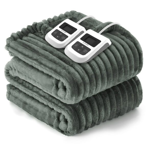 Heated Blanket Electric Queen Striped Flannel Blanket 84"x90" Electric Blanket with 6 Heat Settings 10 Hour Timer Auto Shut Off, Dark Grey