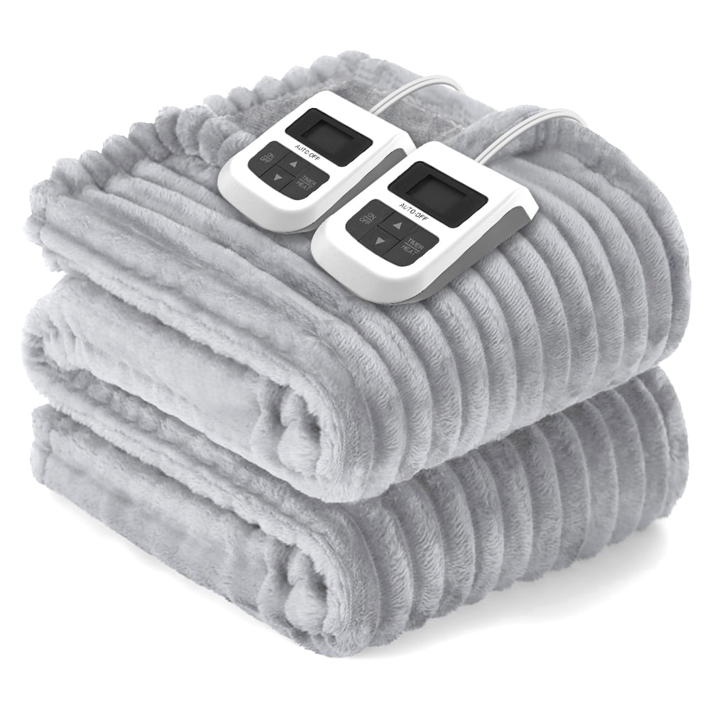Heated Blanket Electric Queen Striped Flannel Blanket 84"x90" Electric Blanket with 6 Heat Settings 10 Hour Timer Auto Shut Off, Grey