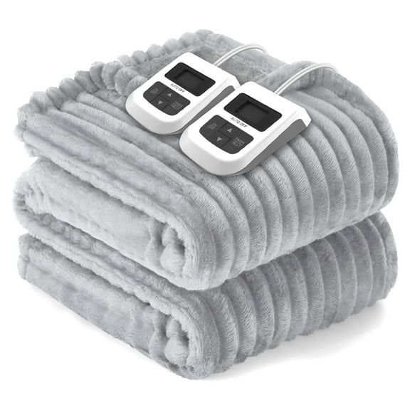 Heated Blanket Electric Queen Striped Flannel Blanket 84"x90" Electric Blanket with 6 Heat Settings 10 Hour Timer Auto Shut Off, Grey