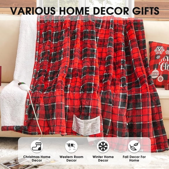 Heated Blanket & Sherpa Fleece Plaid Blanket Bundle, 50x60 Inch Red Checkered Electric Throw with 10 Heat Levels & Auto Off + Soft Winter Blanket for Couch, Bed, Christmas & Housewarming Gifts