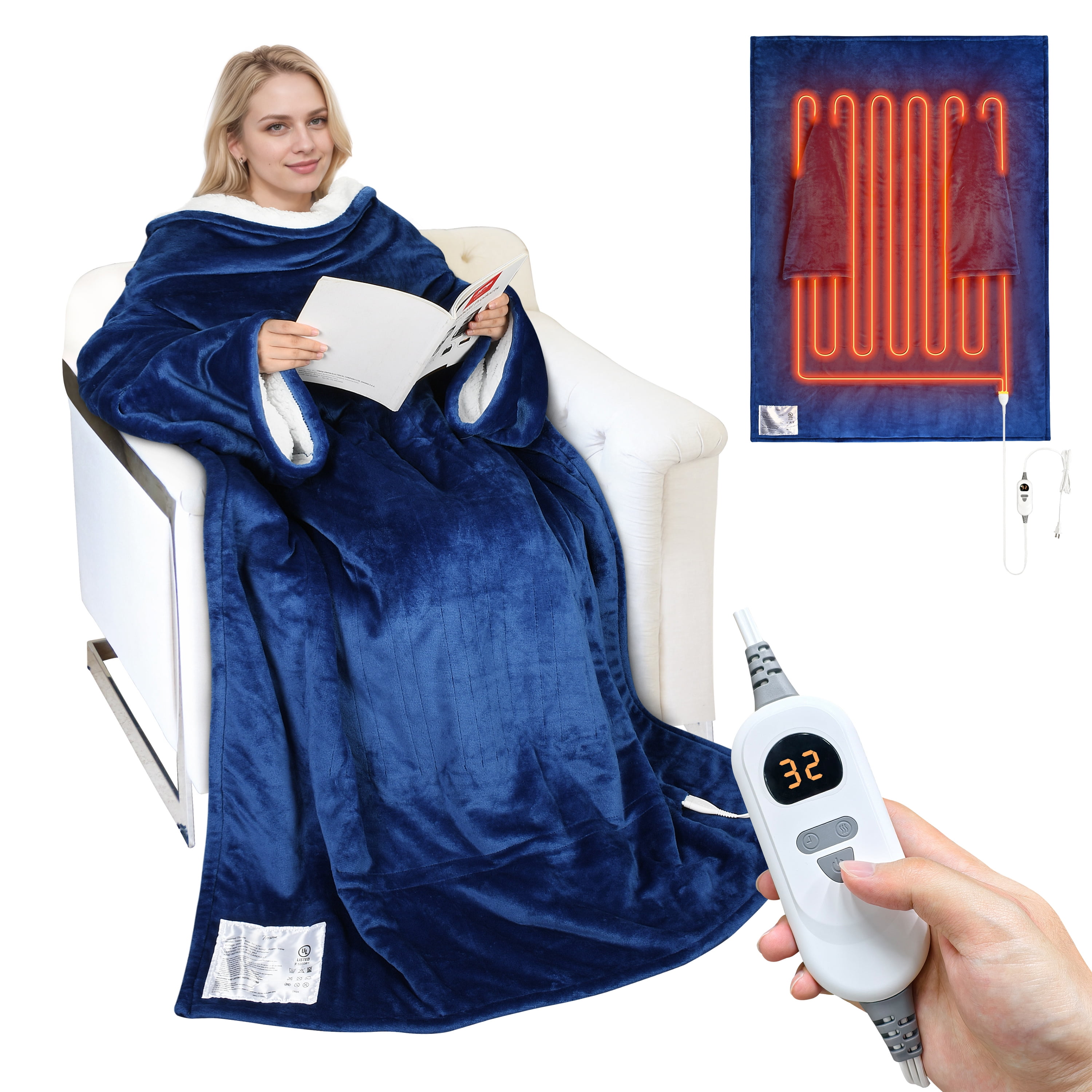 Navy Blue Electric Heated Wearable Blanket with Sleeves