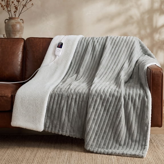Heated Blanket Throw, 340 GSM Soft Ribbed Flannel Electric Blanket, Gifts for Grandma (50x60 inches,Light Grey)