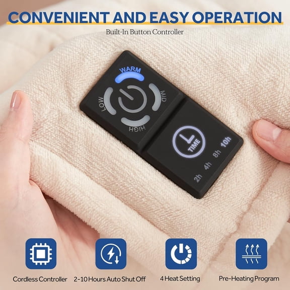 Heated Blanket Throw with Built-in Button Controller, Reversible Flannel to Electric Blanket with 2-10 Hours Auto-Off & 4 Heating Levels, Over-Heat Protection, 50x60 inch, Beige