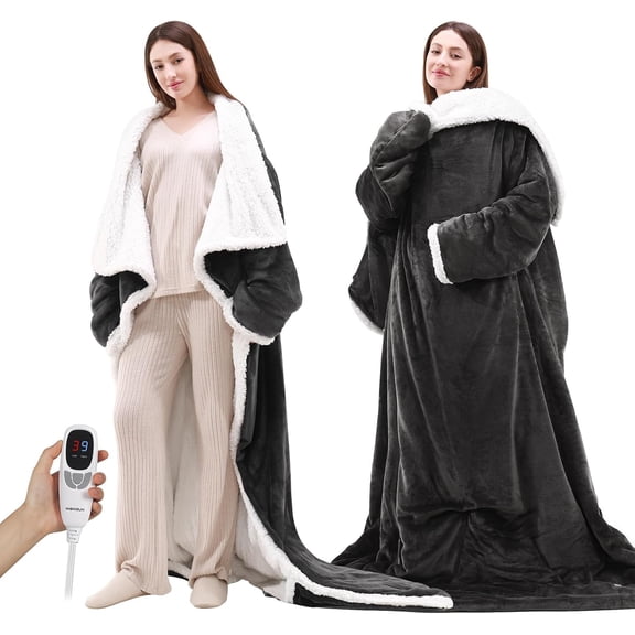 Heated Blanket Throw with Foot Pocket, Wearable Electric Blanket with 9 Heating Levels & 10 Time Settings, Ultra-Soft Flannel & Sherpa, Cozy Gift for Family and Friends, 50 * 70", Grey