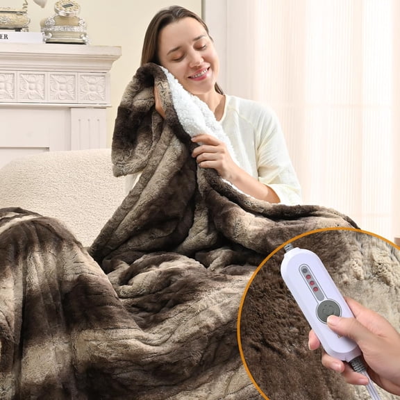 Heated Blanket Throw Size 50" x 60" Single Controller, Faux Fur & Sherpa Electric Blanket, 4 Heating Levels & 4H Auto Off, Over-Heat Protect, ETL Certification, Machine Washable-Chocolate