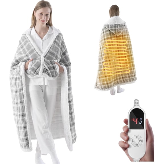 Heated Blanket Wearable Shawl - Electric Wrap Poncho Blanket Hoodie for Adult, Gifts for Mom Women, Sherpa Heating Throw with 12 Time Settings & 6 Heat Settings, 50x60 inches, Grey Plaid