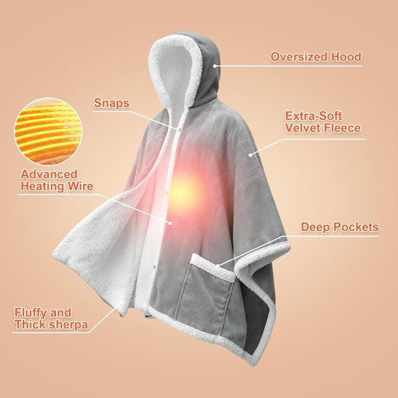 Heated Blanket Wearable Shawl Electric Wrap Poncho Hoodie with Pockets Velvet Sherpa Heating Throw 6 Levels 4 Settings