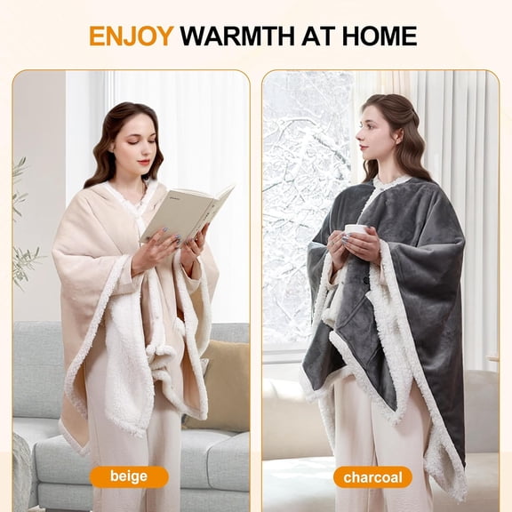 Heated Blanket Wearable Shawl Portable Electric Wrap with Hoodie for Adult, Flannel Sherpa Heating Throw 3 Heat Settings Beige 50x60 Inch