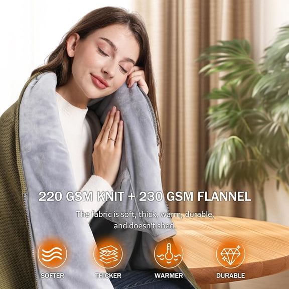 Heated Blanket with 20000mAh Power Bank - 58x32 Inch Green Knit & Gray Velvet Cordless Electric Throw for Indoor Outdoor Camping