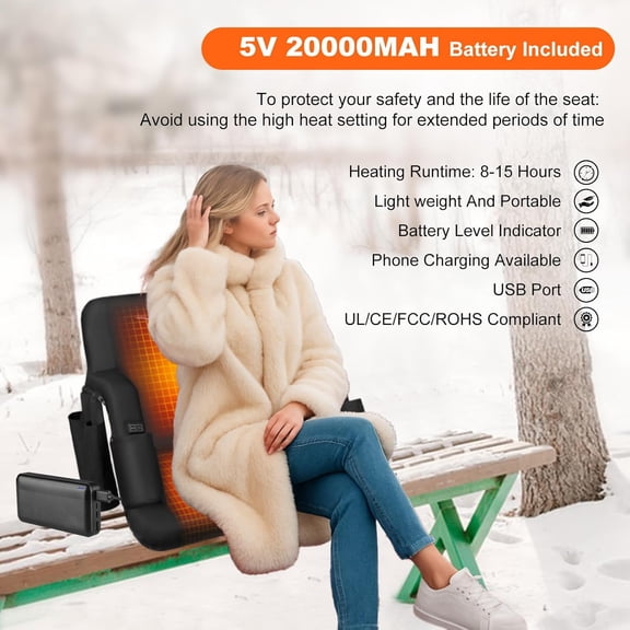 Heated Bleacher Seat with Backrest - 20" Wide with 5V 20000mAh Battery, 6 Reclining Positions, 3 Heating Levels