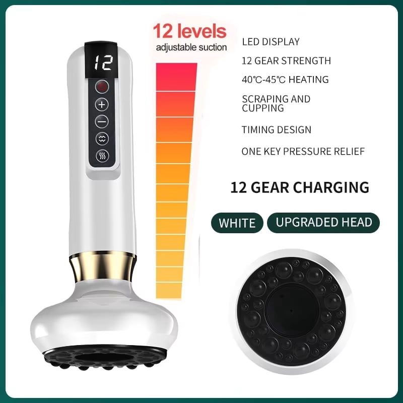 Heated Body Massager with Red Light – Cordless Gua Sha & Suction Device, 12 Levels, Hot Stone Warmth, Digital Display, USB Rechargeable, White