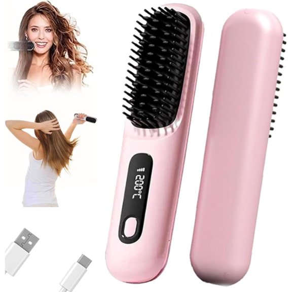 Heated Brush for Short Hair, 3 Heat Settings & LED Screen&USB Rechargeable,  Brosse Chauffante Pour Cheveux Courts, Ionic Heated Brush, Portable and Quick Styling