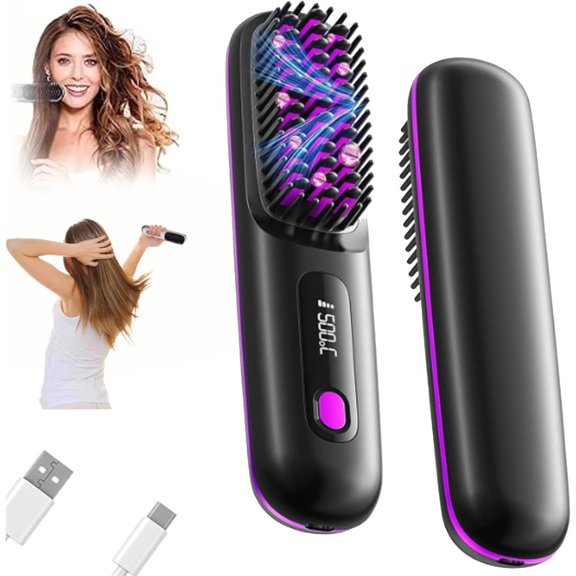 Heated Brush for Short Hair, 3 Heat Settings & LED Screen&USB Rechargeable, Brosse Chauffante Pour Cheveux Courts, Ionic Heated Brush, Portable and Quick Styling