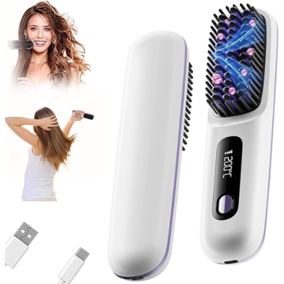 Heated Brush for Short Hair, 3 Heat Settings & LED Screen&USB Rechargeable,  Brosse Chauffante Pour Cheveux Courts, Ionic Heated Brush, Portable and Quick Styling