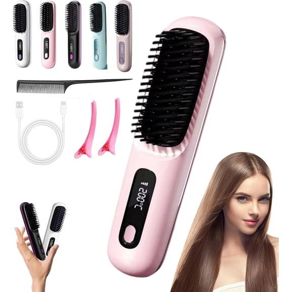 Heated Brush for Short Hair, Short Hair Styling Tools, USB Rechargeable Mini Hot Comb with 3 Heat Settings and LED Screen