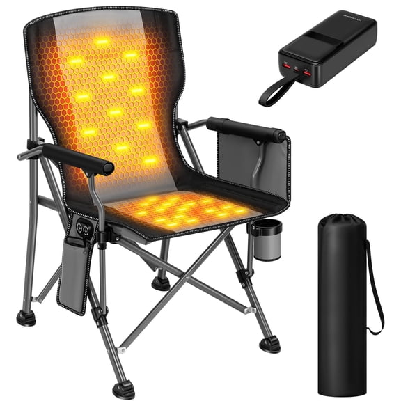 VIVOHOME 45W Padded Heated Camping Chair with 27000mAh Power Bank, Heated Portable Folding Lawn Chair for Outdoor Sports, 3 Levels of Heat, Overheat Protection System, Black and Gray
