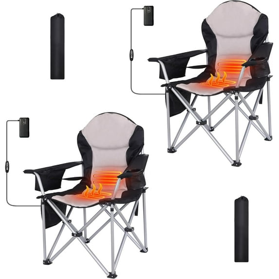 Heated Camping Chair, Heated Chair, Beach Chair, Folding Chair, Extra Wide Thick Padding, Heavy Duty with Cooler, Armrest, Carry Bag, Cupholder & Side Pockets (Set of 2)