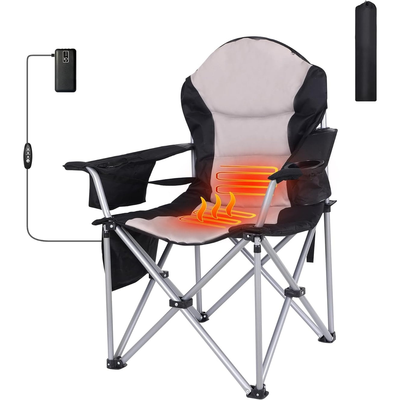 Extra Wide Black and Gray Heated Camping Chair with Cooler