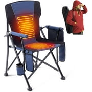 Heated Camping Chairs, Portable Heated Folding Chairs for Outdoor Sports, Heavy Duty Lawn Chairs for Adults Support 400lbs, Heated Camp Chair with Cup Holder,Blue (2 Battery Pack Required)