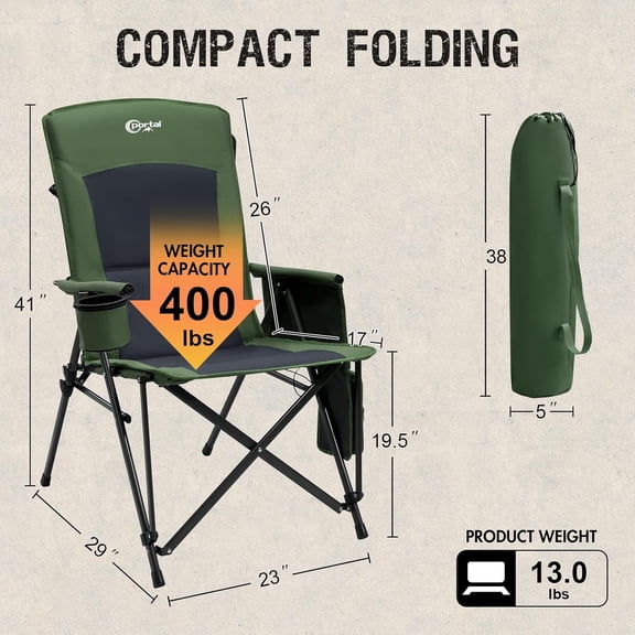 Heated Camping Chairs for Adults Outdoor Sports Oversized Folding Lawn Chair with High Back, Heavy Duty 400 Lbs, Battery Not Included, Green