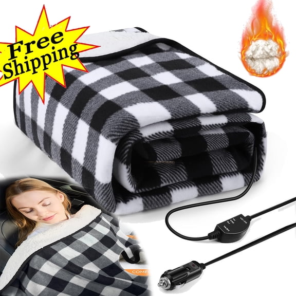 Heated Car Blanket - 12/24 Volt Electric Blanket for car, Portable Heated Blanket for Car, Truck, SUV, RV & Camping, with Upgraded Temperature Controller, 59" x 43"(Black-White Plaid)