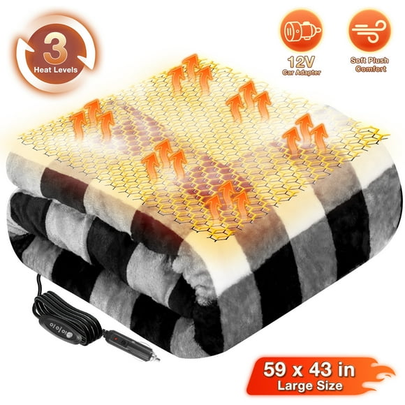 Loheer Heated Car Blanket, 12-Volt Electric Blanket for Car, Truck, SUV, RV, Portable Heated Throw for Camping, 3 Heat Settings, Grey Buffalo Plaid, 59" x 43”